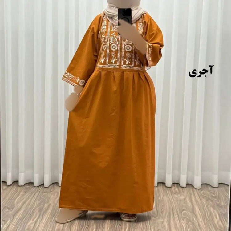 پیراهن زنانه لینن طرح مایا فری سایز مناسب تا 48 با کمربند