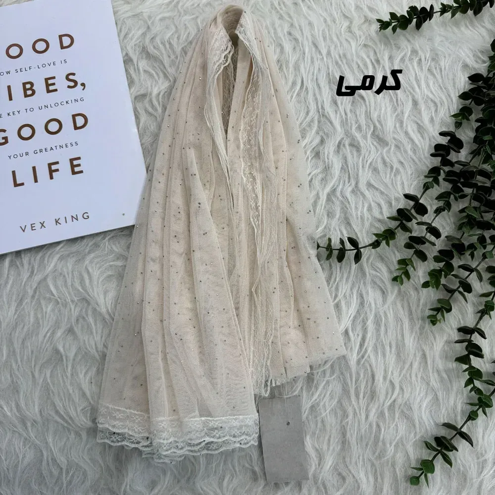 شال توری نگین دار روزمره قواره 180 در 65 سانت مشکی رنگ جنس تور